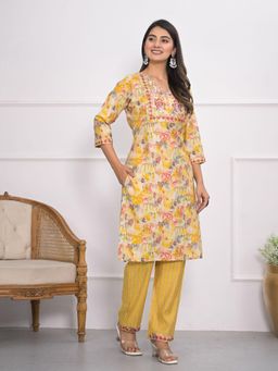 Odette - Women Yellow Chanderi Printed Stitched Kurta with Pant (Set of 2)