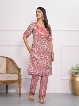 Odette - Women Pink Chanderi Printed Stitched Kurta with Pant (Set of 2)