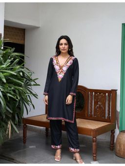 Kashmir Box - Black Kashmiri Aari Embroidered V Neck Cotton Summer Co Ord Set