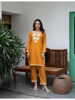 Kashmir Box - Mustard Yellow Kashmiri Aari Embroidered Round Neck Cotton Summer Co Ord Set