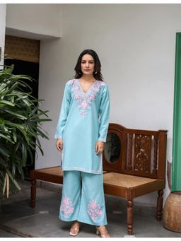 Kashmir Box - Sky Blue Kashmiri Aari Embroidered V Neck Cotton Summer Co Ord Set