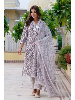 Kohsh - Women Brown and White Cotton Floral Kurta with Pant and Dupatta (Set of 3)