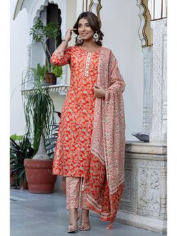 Kohsh - Women Orange Cotton Floral Print Straight Kurta with Pant and Dupatta (Set of 3)