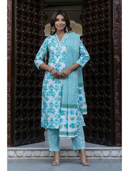 Kohsh - Women Blue Cotton Floral Print Straight Kurta with Pant and Dupatta (Set of 3)