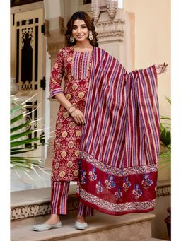 Kohsh - Women Maroon Cotton Ethnic Motif Straight Kurta with Pant and Dupatta (Set of 3)