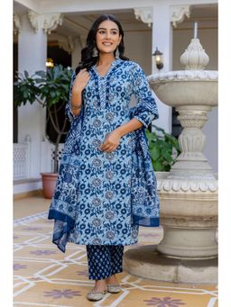 Kohsh - Women Blue Cotton Floral Print Straight Kurta with Pant and Dupatta (Set of 3)