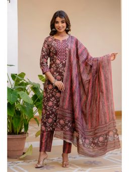 Kohsh - Women Maroon Cotton Floral Print Straight Kurta with Pant and Dupatta (Set of 3)