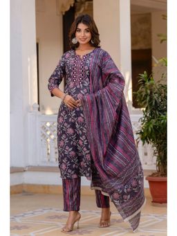 Kohsh - Women Blue Cotton Floral Print Straight Kurta with Pant and Dupatta (Set of 3)