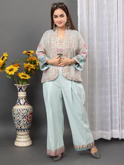 Kidar - Light Blue Mughal Dream Co-Ord with Jacket (Set of 3)