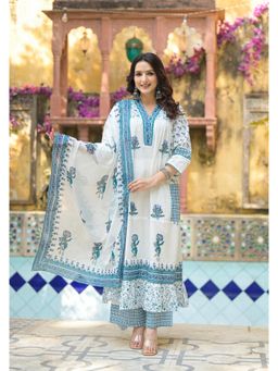 Juniper - White Floral Printed Cotton A-Line Kurta with Palazzo and Dupatta (Set of 3)