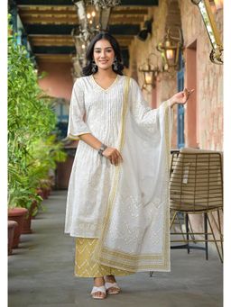 Juniper - Off White Abstract Printed Cotton Kurta with Palazzo and Dupatta (Set of 3)