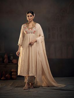 Hirika & Dhruti - Beige Thread Flowers Embroidery Anarkali with Pant and Dupatta (Set of 3)