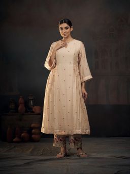 Hirika & Dhruti - Beige Chanderi Knots Anarkali with Pant (Set of 2)