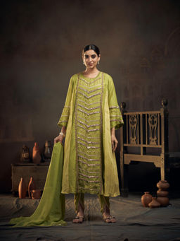 Hirika & Dhruti - Green Gotta Kurta with Dhoti and Dupatta (Set of 3)