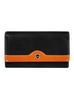 Calfnero - Women's Black Leather Long Wallet with Zip Pocket