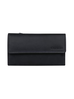 Calfnero - Women's Black Flap Leather Wallet with Zip Pocket