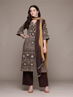 Ritu Kumar - Brown Dharohar Kurta with Pant and Dupatta (Set of 3)