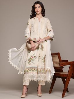 Ritu Kumar - Beige Ecru Multi Chintz Kurta with Pant and Dupatta (Set of 3)