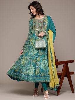 Ritu Kumar - Blue Floriant Print Anarkali with Churidar and Dupatta (Set of 3)