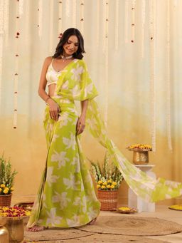 B'Infinite - Green Lime Tropical Embellished Draped Saree with Stitched Blouse