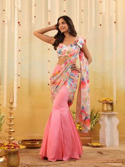 B'Infinite - Pink Pastel Tulip Embellished Draped Saree with Stitched Blouse