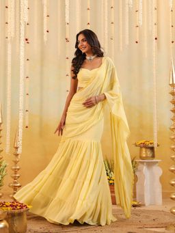 B'Infinite - Butter Yellow Embellished Draped Saree with Stitched Blouse