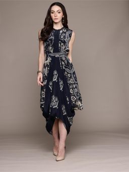 Ritu Kumar - Black Poppy Pushpanjali Midi Dress with Belt (Set of 2)