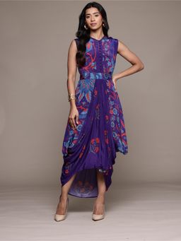 Ritu Kumar - Blue Poppy Pushpanjali Midi Dress with Belt (Set of 2)