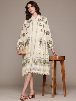 Ritu Kumar - Beige Ecru Multi Chintz Midi Dress with Camisole (Set of 2)