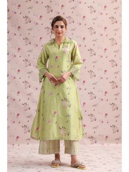 Label Niti Bothra - Green Noor Collar Kurta with Pant (Set of 2)