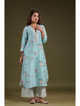 Label Niti Bothra - Blue Noor Long Zipper Kurta with Pant (Set of 2)