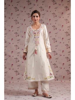 Label Niti Bothra - Beige Noor Striped Straight Long Kurta with Pant (Set of 2)