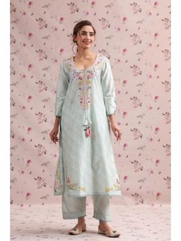 Label Niti Bothra - Blue Noor Striped Straight Long Kurta with Pant (Set of 2)