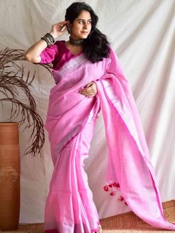 Sundarii - Pink Daffodil - Linen Saree with Unstitched Blouse