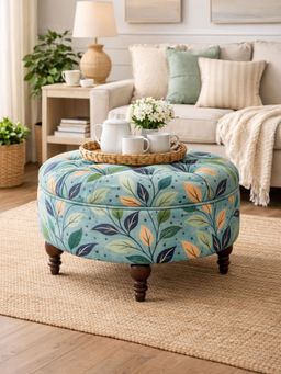 JABRIX - Ayame Blue Floral Tufted Sagwan Wood Ottoman