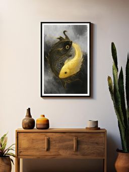 999Store - Black and Gold Koi Fish Yin Yang Wall Art Box Fiber Canvas Frame Painting