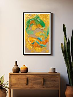 999Store - Vibrant Golden and Green Koi Fish Box Fiber Canvas Frame Painting