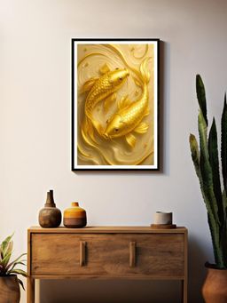 999Store - Golden Koi Fish Pair Wall Art Box Fiber Canvas Frame Painting