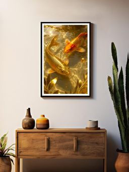 999Store - Realistic Golden and Orange Koi Fish Underwater Scene Box Fiber Canvas Frame Painting