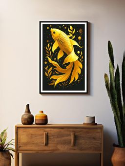 999Store - Golden Koi Fish Black Background Box Fiber Canvas Frame Painting