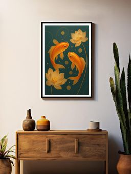 999Store - Multi-Color Koi Fish with Lotus and Coins Box Fiber Canvas Frame Painting