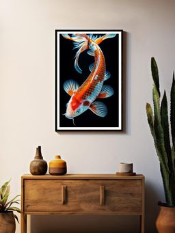999Store - High Definition Red and Blue Koi Fish On Black Box Fiber Canvas Frame Painting