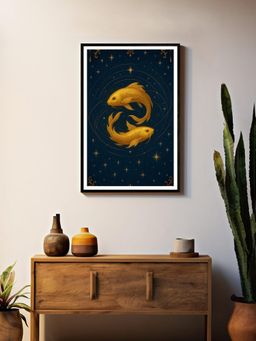 999Store - Celestial Golden-Black Koi Fish On Starry Night Box Fiber Canvas Frame Painting