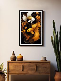 999Store - Golden and White Koi Fish Swirling Box Fiber Canvas Frame Painting