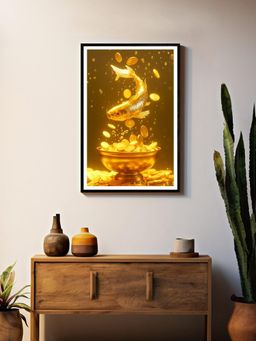 999Store - Lucky Golden Fish Jumping Into Wealth Bowl Box Fiber Canvas Painting