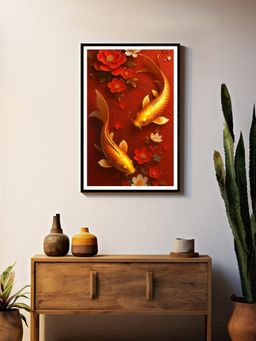 999Store - Elegant Gold-Red Koi Fish with Floral Accents Canvas Painting