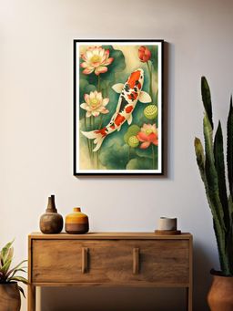 999Store - Multi-Color Koi Fish with Lotus Flowers Box Fiber Canvas Painting