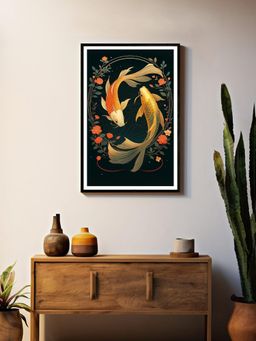 999Store - Yin Yang Multi-Color Koi Fish Floral Box Fiber Canvas Painting