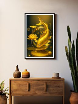 999Store - Box Fiber Canvas Painting Frame - Golden Koi with Lotus and Bubbles