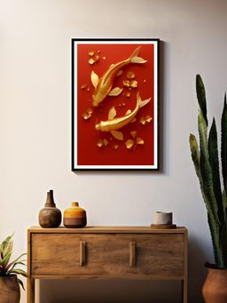 999Store - Golden-Red Koi Fish Art Box Fiber Canvas Painting